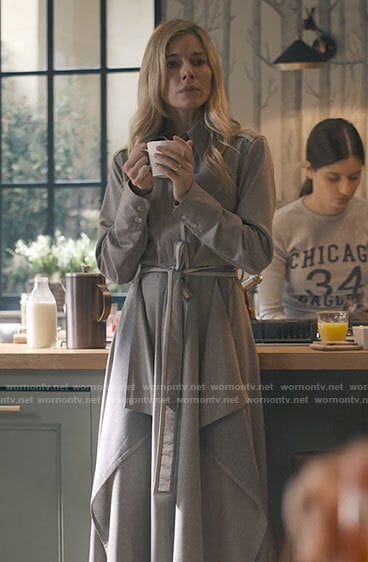 Sophie’s grey draped front shirtdress on Anatomy of a Scandal