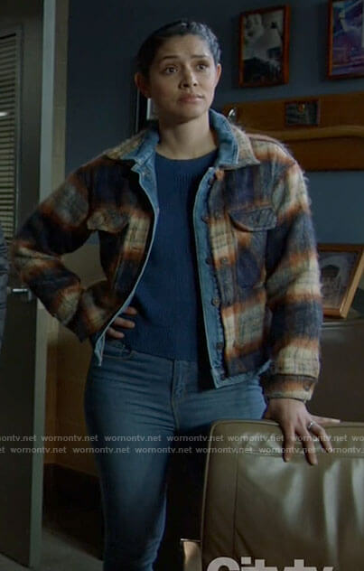 Stella’s plaid denim jacket on Chicago Fire
