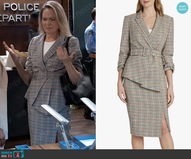 Tahari ASL Plaid Asymmetrical-Hem Jacket worn by Gladys Corbin (Bonnie Burroughs) on General Hospital