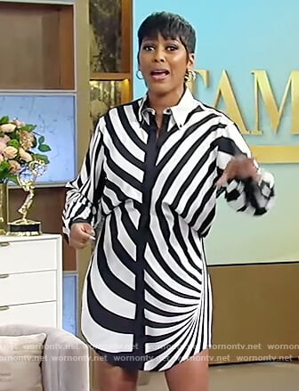 Tamron’s black and white stripe mini shirtdress on Tamron Hall Show