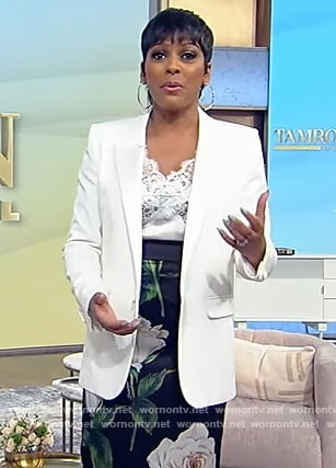 Tamron’s black floral print skirt on Tamron Hall Show
