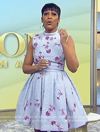 Amanda’s blue floral embellished flare dress on The Tamron Hall Show
