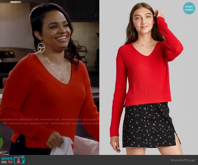 Wild Fable V-Neck Rib Knit Pullover Sweater in Red worn by Randi (Kyla Pratt) on Call Me Kat