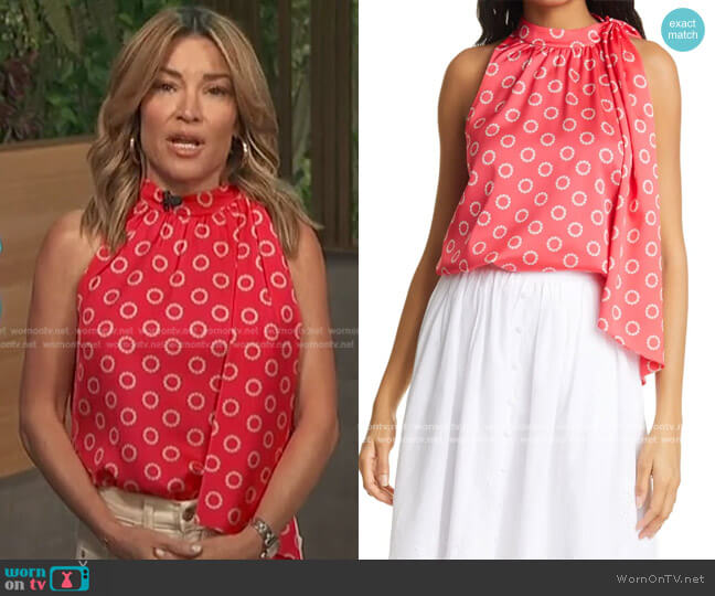 Ted Baker Edlyyn Floral Scarf Neck Sleeveless Satin Blouse worn by Kit Hoover on Access Hollywood