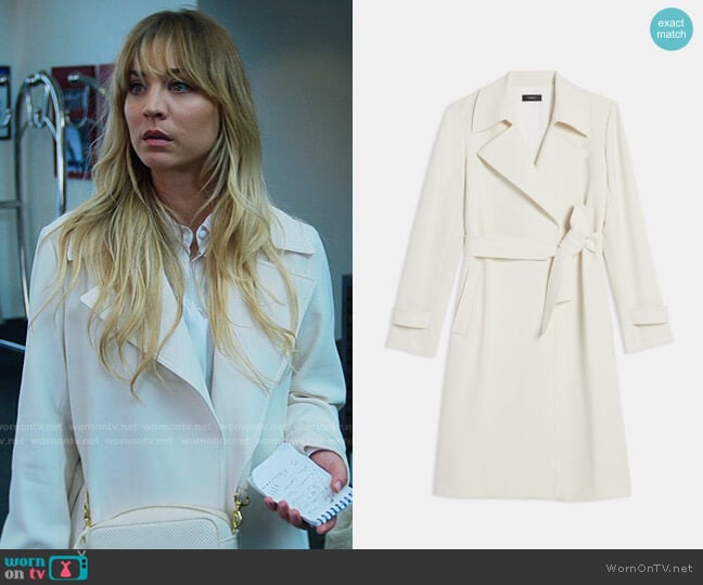 Theory Oaklane Trench in Rice worn by Cassie Bowden (Kaley Cuoco) on The Flight Attendant