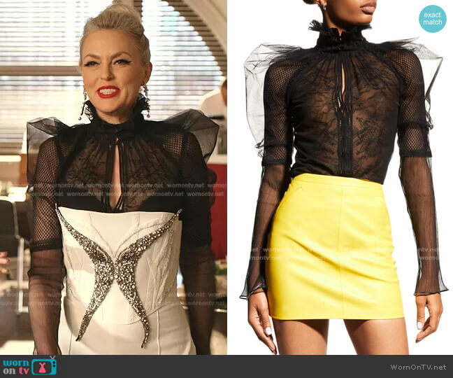 Tom Ford Patchwork Lace Puff-Sleeve Blouse worn by Alexis Carrington (Elaine Hendrix) on Dynasty