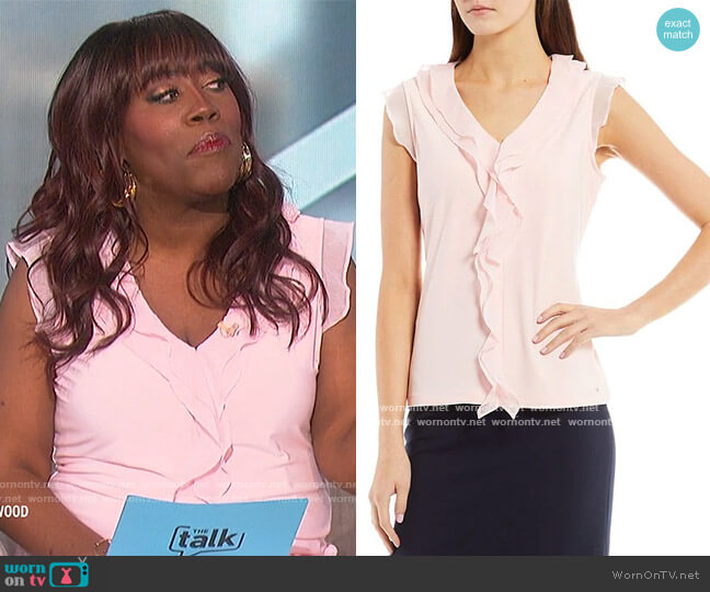 Tommy Hilfiger Mixed Media V-Neck Sleeveless Ruffle Front Tank worn by Sheryl Underwood on The Talk