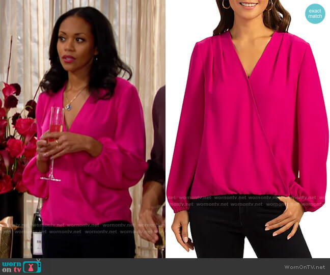 Trina Turk Bask Top in Warm Magenta worn by Amanda Sinclair (Mishael Morgan) on The Young and the Restless