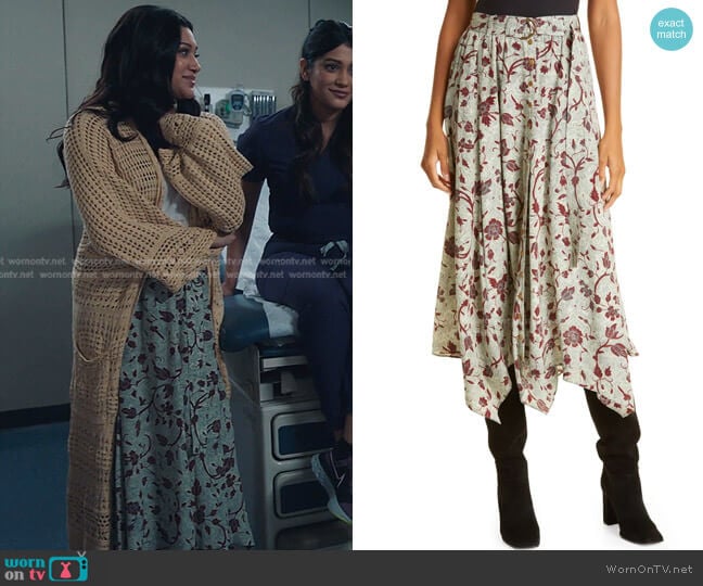 Ulla Johnson Ariana Floral Print Handkerchief Hem Silk Skirt worn by Padma (Aneesha Joshi) on The Resident