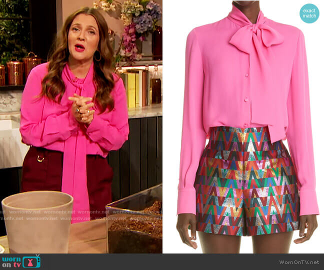 Valentino Crepe De Chine Tie-Neck Blouse worn by Drew Barrymore on The Drew Barrymore Show