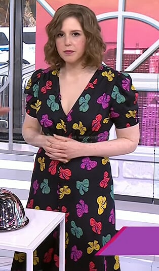 Vanessa Bayer’s multicolor bow print dress on Today