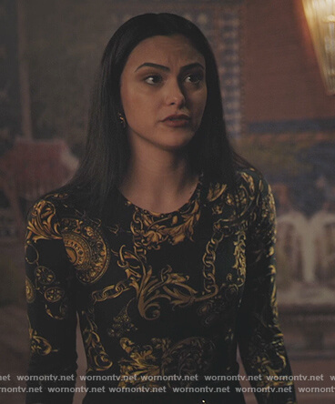 Veronica’s black baroque print bodysuit on Riverdale