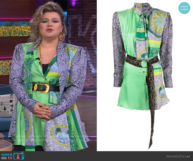 Versace Barocco Patchwork print mini dress worn by Kelly Clarkson on The Kelly Clarkson Show