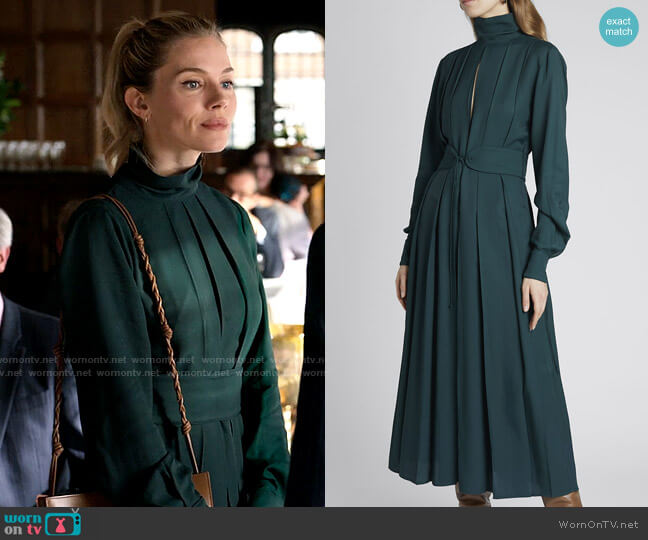 Victoria Beckham High-Neck Pleated Belted Midi Dress worn by Sophie Whitehouse (Sienna Miller) on Anatomy of a Scandal
