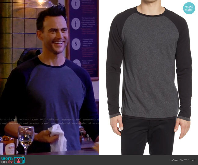 Vince Double Layer Baseball Crewneck Shirt in Heather Charcoal / Black worn by Max (Cheyenne Jackson) on Call Me Kat