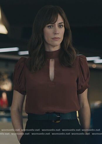 Wendy’s brown keyhole short sleeve top on Billions