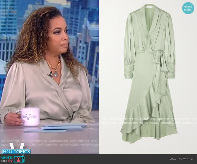 Zimmermann Asymmetric ruffled silk-satin wrap dress worn by Sunny Hostin on The View