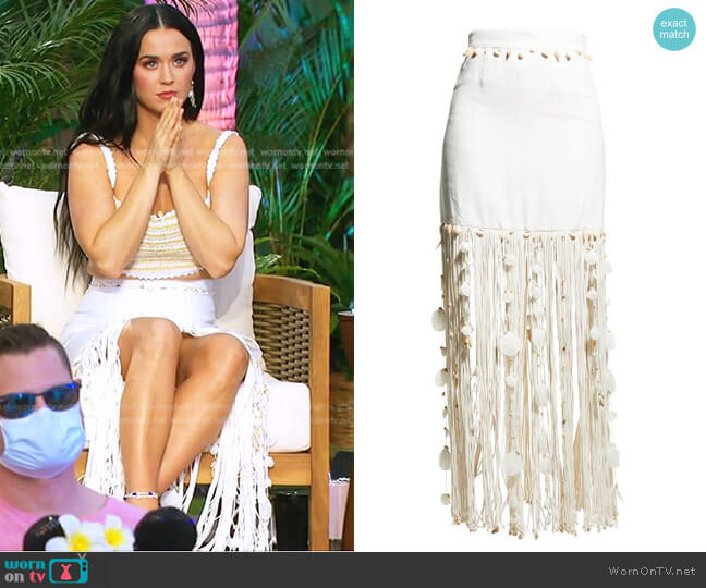 Zimmermann Postcard Shell Fringe Skirt worn by Katy Perry on American Idol