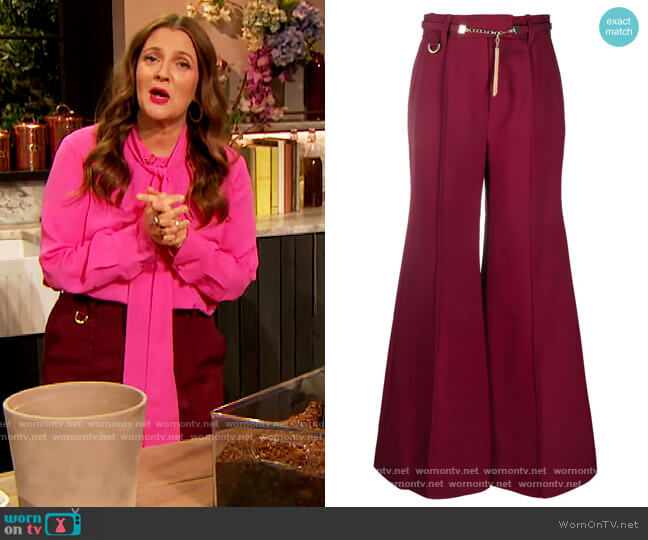 Zimmermann Chain-link detail flared trousers worn by Drew Barrymore on The Drew Barrymore Show