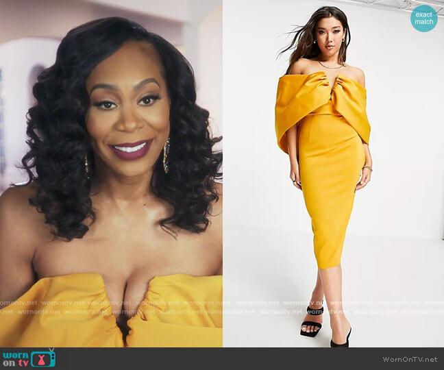 ASOS Bardot Draped Sleeve Midi Pencil Dress worn by Sanya Richards-Ross on The Real Housewives of Atlanta