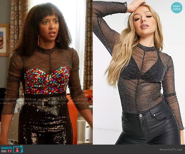 ASOS Design Glitter Mesh Long Sleeve Bodysuit worn by Wickie Roy (Renée Elise Goldsberry) on Girls5eva