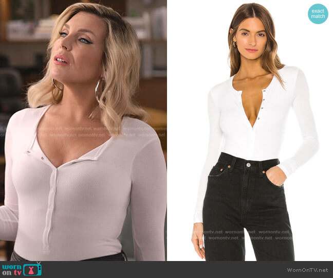 ATM Anthony Thomas Melillo Micromodal Henley Thong Bodysuit worn by Brianna (June Raphael) on Grace and Frankie
