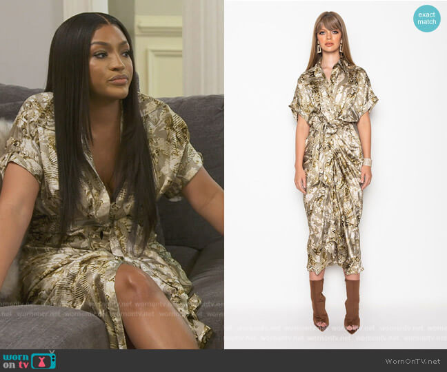 Shop Akira Safari Vibes Midi Tie Front Dress worn by Drew Sidora on The Real Housewives of Atlanta