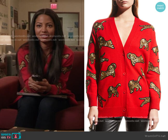 Alice + Olivia Bradford Embellished Grandpa Cardigan worn by Thea (Camille Hyde) on All American Homecoming