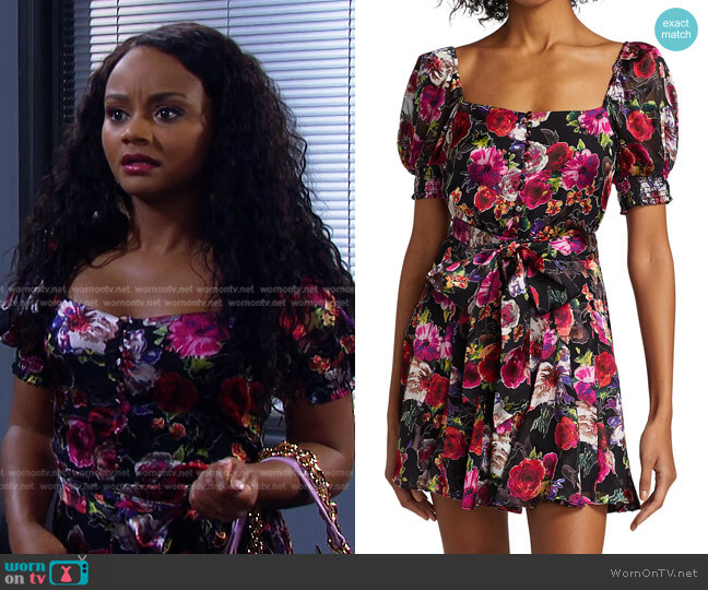 Alice + Olivia Mina Belted Floral Mini-Dress worn by Chanel Dupree (Raven Bowens) on Days of our Lives