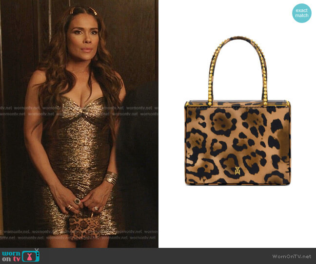 Amina Muaddi Superamini Gilda Leopard Print Top Handle Bag worn by Cristal Jennings (Daniella Alonso) on Dynasty