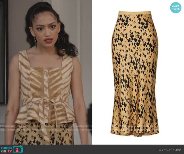 Anine Bing Painterly Leo Bar Silk Skirt worn by Olivia Baker (Samantha Logan) on All American
