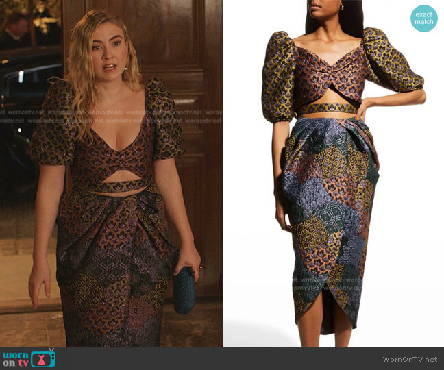 Autumn Adeigbo Makenna Brocade Cutout Dress worn by Amanda Carrington (Eliza Bennett) on Dynasty