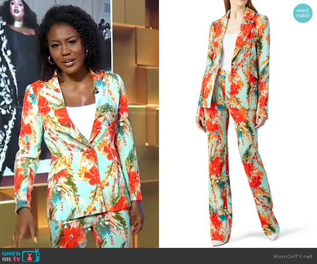 Badgley Mischka Aqua Multi Print Blazer worn by Janai Norman on Good Morning America