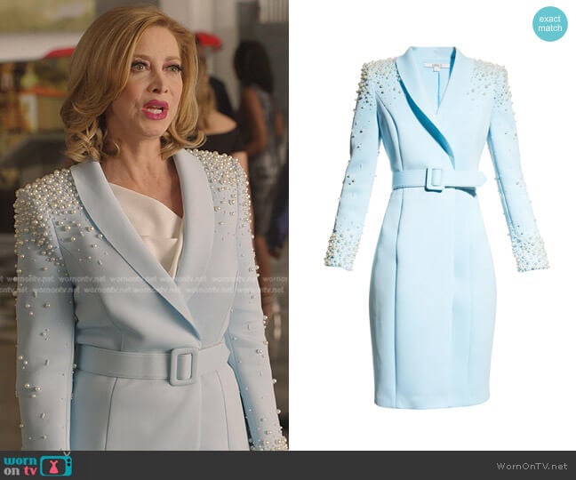 Badgley Mischka Collection Pearl-Embellished Shawl-Collar Dress worn by Laura Van Kirk (Sharon Lawrence) on Dynasty