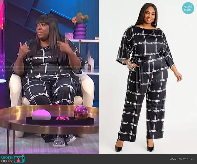 Ashley Stewart Belted Grid Boat Neck Jumpsuit worn by Loni Love on E! News