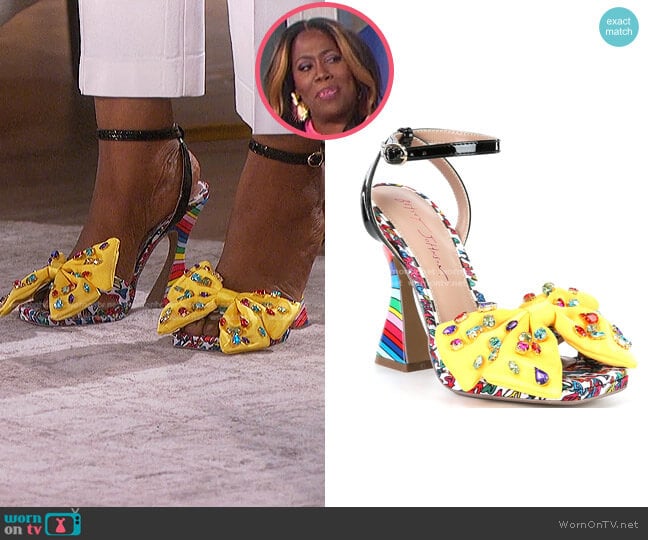 Betsey Johnson Loise Ankle Strap Embellished Bow Heel Sandals worn by Sheryl Underwood on The Talk