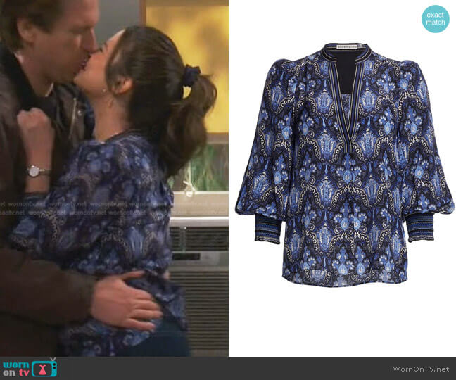 Alice + Olivia Sheila Silk Blouson-Sleeve Blouse worn by Jen (Katie Lowes) on How We Roll