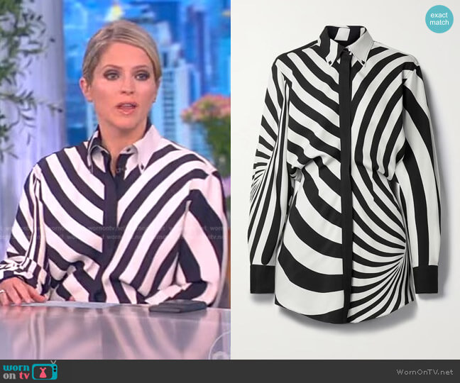 Brandon Maxwell Nouveau Striped Mini Shirtdress worn by Sara Haines on The View