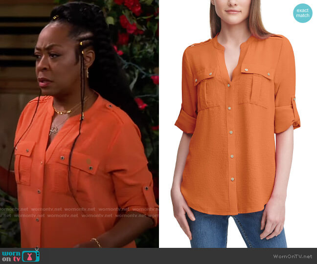 Calvin Klein Textured Roll Tab Button Down Shirt in Ember worn by Tina Butler (Tichina Arnold) on The Neighborhood