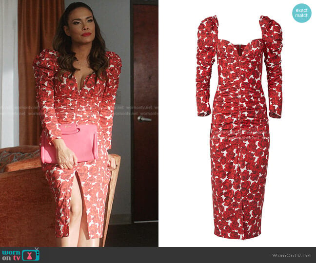 Carolina Herrera Rose Print Juliet Sleeve Sheath Dress worn by Cristal Jennings (Daniella Alonso) on Dynasty