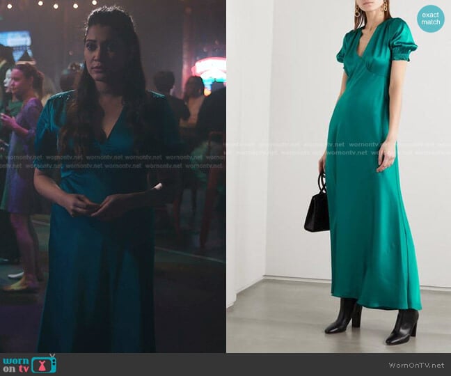 Diane von Furstenberg Avianna Gathered Satin Maxi Dress in Turquoise worn by Leela Devi (Anuja Joshi) on The Resident