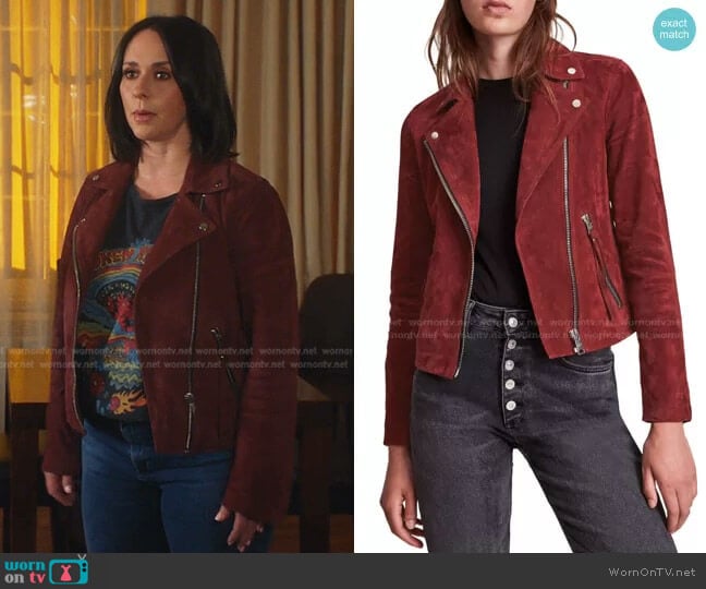All Saints Dalby Suede Biker Jacket in Cherry Oak Red worn by Maddie Kendall (Jennifer Love Hewitt) on 9-1-1