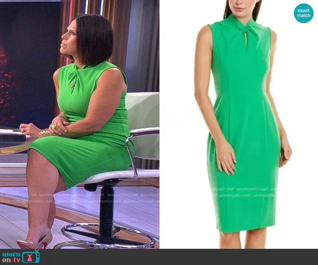 Donna Morgan Twisted Neckline Crepe Sheath Dress worn by Dana Jacobson on CBS Mornings