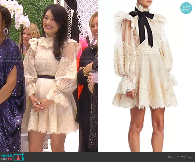 Zimmermann Eye Spy Lace Poet-Sleeve Mini Dress worn by Crystal Kung Minkoff on The Real Housewives of Beverly Hills