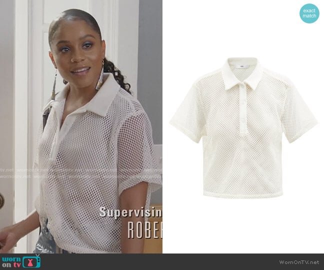 Fe Noel Folo cropped fishnet polo top worn by Simone Hicks (Geffri Maya) on All American