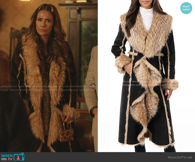Fabulous Furs Cascade Faux Suede Faux Fur-Trim Full Coat worn by Cristal Jennings (Daniella Alonso) on Dynasty