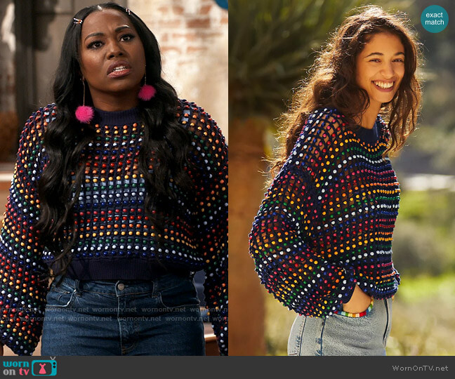 Farm Rio Topanga Beaded Sweater worn by Harper (Laci Mosley) on iCarly