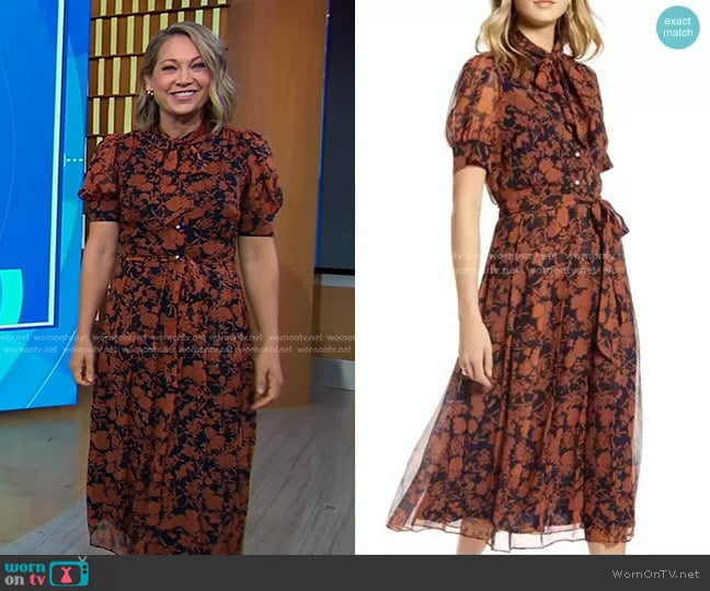 1901 Floral Print Button Front Pleated Chiffon Dress worn by Ginger Zee on Good Morning America