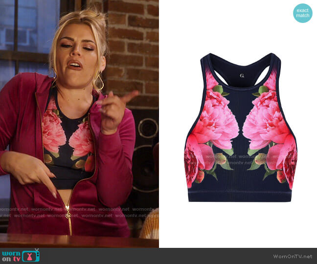 G. Label Peonies floral-print stretch sports bra worn by Summer Dutkowsky (Busy Philipps) on Girls5eva
