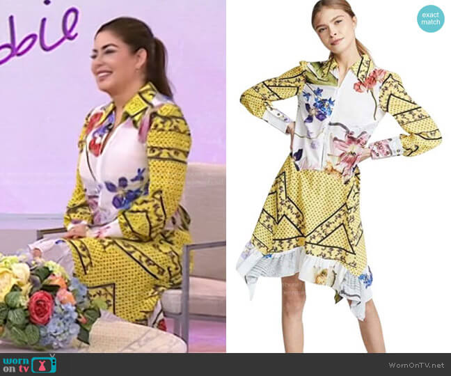 Ganni Mix-Print Long-Sleeve Asymmetrical Dress